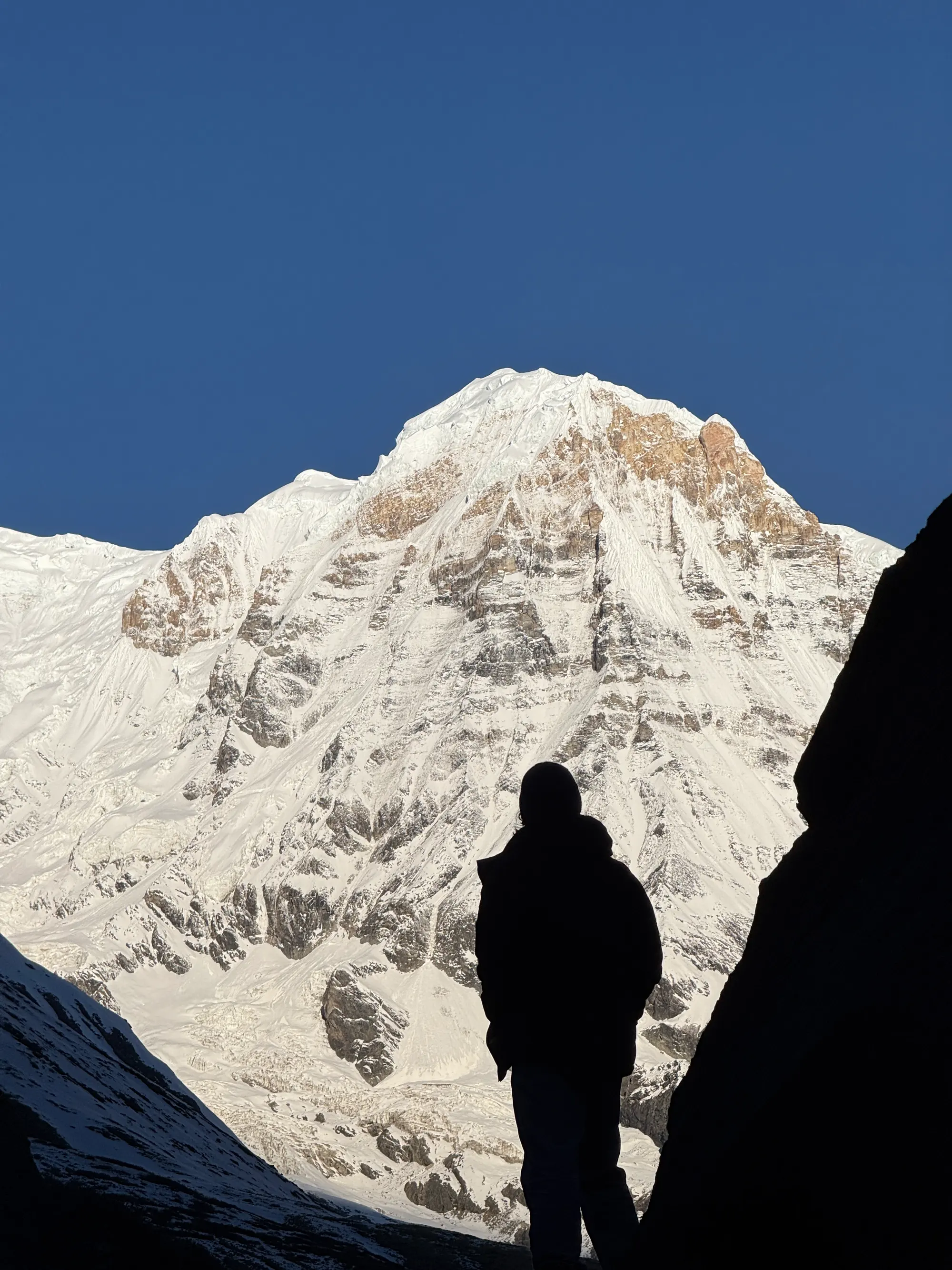 A trekker silhouetted against a sunlit, snow-covered Himalayan peak